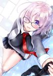  1girl barefoot black_skirt blush breasts eyebrows_visible_through_hair fate/grand_order fate_(series) glasses hair_over_one_eye keepout large_breasts looking_at_viewer lying necktie on_side pantyhose pantyhose_removed parted_lips pink_hair red_necktie shielder_(fate/grand_order) short_hair skirt violet_eyes 