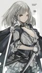  1girl bangs brown_eyes capelet closed_mouth corset cowboy_shot dated dual_wielding eyebrows_visible_through_hair gloves grey_hair holding holding_sword holding_weapon long_hair looking_at_viewer original rayvon serious skirt solo sword tsurime weapon white_gloves white_skirt 