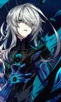  1boy ainchase_ishmael corruption cracked_skin elsword expressionless green_eyes green_tongue grey_hair hand_on_own_chest hwansang long_hair markings pale_skin purple_skin ringed_eyes solo 