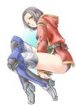  1girl between_legs black_hair brown_eyes cloak dragoon_(final_fantasy) final_fantasy final_fantasy_xi greaves hand_between_legs highres hume looking_at_viewer looking_back open_mouth pouch short_hair short_shorts shorts simple_background sketch solo white_background 