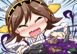  1girl ^_^ blush brown_hair closed_eyes commentary_request detached_sleeves drum_(container) geoduck hairband hiei_(kantai_collection) holding kantai_collection looking_at_viewer nontraditional_miko open_mouth sekiguchi_miiru short_hair solo sparkle wavy_mouth 