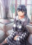  1girl ahoge black_hair breasts brown_eyes collarbone covered_nipples dress eye_reflection highres huge_ahoge kantai_collection kantori large_breasts long_hair looking_at_viewer plaid plaid_dress puffy_sleeves reflection smile solo sunlight ushio_(kantai_collection) v_arms window 