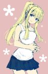  1girl blonde_hair blue_eyes blush earrings eyebrows_visible_through_hair floral_background flower fullmetal_alchemist interlocked_fingers jewelry long_hair looking_at_viewer pink_background ponytail shirt simple_background skirt smile solo_focus tsukuda0310 white_shirt winry_rockbell 