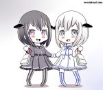  2girls :d abyssal_twin_hime_(black) abyssal_twin_hime_(white) bag black_dress black_hair blush_stickers bow bowtie chibi commentary_request dress gradient gradient_background grey_eyes headgear kantai_collection looking_at_viewer mitsukoshi_(department_store) multiple_girls open_mouth roshiakouji-chan shinkaisei-kan shopping_bag short_hair simple_background smile striped striped_legwear thigh-highs twitter_username violet_eyes white_dress white_hair white_skin zettai_ryouiki 