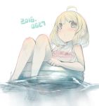  1girl ahoge bangs blonde_hair blush closed_mouth dated eyebrows_visible_through_hair floating grey_eyes innertube looking_at_viewer original pursed_lips rayvon short_hair sitting solo swimsuit 