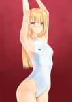  1girl arms_up blonde_hair competition_swimsuit cowboy_shot flat_chest green_eyes highres long_hair one-piece_swimsuit original red_background rure simple_background smile solo standing swimsuit white_swimsuit 