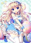  1girl :d animal_ears apron blonde_hair blue_bow blue_eyes blue_ribbon blue_shoes blue_skirt blush bow bunny_tail commentary_request corset easter_egg eyebrows_visible_through_hair frilled_cuffs frilled_shirt frilled_skirt frills hair_between_eyes hair_bow head_tilt heart highres holding holding_egg kneeling layered_skirt long_hair looking_at_viewer maid_apron maid_headdress mary_janes neck_ribbon open_mouth original oversized_object puffy_short_sleeves puffy_sleeves rabbit_ears ribbon sasai_saji shirt shoes short_sleeves skirt smile solo tail thigh-highs white_bow white_legwear white_shirt wrist_cuffs 