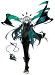  1boy absurdres ainchase_ishmael black_clothes cloak corruption cracked_skin elsword expressionless eyes feet green_eyes grey_hair highres long_hair markings official_art one_eye_covered pendulum purple_skin ringed_eyes solo 