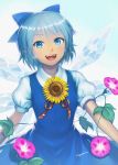  1girl blue_bow blue_dress blue_eyes blue_hair bow cirno commentary_request dress flower hair_bow hidden_star_in_four_seasons ice ice_wings kageharu looking_at_viewer open_mouth plant short_hair short_sleeves smile solo sunflower tan tanned_cirno touhou vines wings 