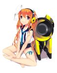  1girl bangs barefoot between_legs blouse blue_ribbon closed_mouth dated eyebrows_visible_through_hair feet hair_between_eyes hair_ribbon hand_between_legs headphones highres indian_style long_hair looking_at_viewer orange_hair original rayvon ribbon sailor_collar school_swimsuit school_uniform serafuku simple_background sitting sleeveless sleeveless_blouse smile solo speaker swimsuit swimsuit_under_clothes thigh_ribbon toe_scrunch toes twintails very_long_hair violet_eyes wavy_hair white_background white_ribbon 