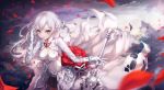  1girl black_skirt breasts cleavage dress gloves h2o_(dfo) hair_ornament holding holding_weapon long_hair looking_at_viewer medium_breasts petals pink_eyes red_eyes sinoalice skirt snow_white_(sinoalice) solo standing violet_eyes weapon white_dress white_gloves white_hair 
