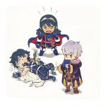  1girl 2boys armor blue_eyes blue_hair blush cape chibi falchion_(fire_emblem) father_and_daughter fire_emblem fire_emblem:_kakusei fire_emblem_cipher gloves krom long_hair lucina male_my_unit_(fire_emblem:_kakusei) multiple_boys my_unit_(fire_emblem:_kakusei) short_hair smile tears white_background white_hair 