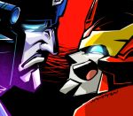  2boys autobot blue_eyes decepticon glowing glowing_eyes head_only ichira-san machine machinery mecha multiple_boys no_humans open_mouth overlord_(transformers) personification red_background robot rodimus smile transformers 