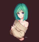  1girl arnold-s bare_shoulders blue_eyes blush breasts closed_mouth collarbone eyebrows_visible_through_hair green_hair highres keller_enasa looking_at_viewer medium_breasts off-shoulder_shirt off_shoulder original ribbed_sweater shirt short_hair smile solo sweater upper_body 