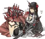  1girl asymmetrical_clothes bangs black_hair black_legwear black_panties bow bow_panties breasts camellia cleavage dated floral_print flower followers garter_straps hair_between_eyes hair_ornament headgear japanese_clothes kanzashi katana kimono large_breasts long_hair looking_at_viewer lying mecha_musume on_side original panties parted_lips pink_kimono rayvon red_eyes sheath sheathed sidelocks simple_background single_thighhigh smile solo sword thank_you thigh-highs thighs underwear very_long_hair weapon white_background 