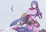  aosora_kamiya arrow bodysuit breasts covered_navel fate/grand_order fate_(series) gloves holding holding_sword holding_weapon large_breasts long_hair looking_at_viewer minamoto_no_raikou_(fate/grand_order) purple_hair smile sword very_long_hair violet_eyes weapon 