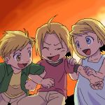  1girl 2boys :d alphonse_elric blonde_hair blue_eyes child closed_eyes dress edward_elric fullmetal_alchemist green_shirt hand_on_another&#039;s_shoulder happy locked_arms looking_at_another lowres multiple_boys nakamura open_mouth pants red_shirt shirt short_hair siblings sky smile sunset winry_rockbell yellow_eyes 