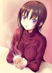  1girl black_hair blush breasts coffee coffee_cup cup eyebrows_visible_through_hair hagino_chiaki highres hinako_note holding holding_cup large_breasts looking_away parted_lips rixch short_hair solo steam violet_eyes 