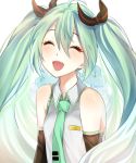  1girl blue_hair blue_necktie blush closed_eyes detached_sleeves eileen_(artist) eyebrows_visible_through_hair facing_viewer hatsune_miku long_hair necktie open_mouth smile solo twintails upper_body vocaloid 