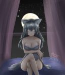  1girl animal_ears artist_request bare_shoulders black_hair blue_eyes breasts cleavage collarbone dark dress expressionless full_moon grey_wolf_(kemono_friends) heterochromia highres indoors kemono_friends large_breasts legs_crossed long_hair looking_at_viewer moon multicolored_hair night solo star star_(sky) tail two-tone_hair wolf_ears wolf_tail yellow_eyes 