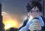  1boy 2019 a_m_ao black_coat black_hair blue-framed_eyewear blurry blush bokeh breath brown_eyes building close-up clouds cloudy_sky coat coffee_cup cup dated depth_of_field disposable_cup face fingernails floating_hair glasses glowing grey_sky happy holding holding_cup jewelry katsuki_yuuri lamppost light_particles light_rays looking_at_viewer male_focus orange_sky outdoors power_lines ring scarf semi-rimless_eyewear shiny shiny_hair sky smile sun sunbeam sunlight sunset telephone_pole twitter_username upper_body wedding_ring white_neckwear white_scarf winter winter_clothes yellow_sky yuri!!!_on_ice 