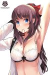  1girl absurdres arm_up armpits artist_name blue_eyes bra breasts brown_hair cleavage english eyebrows_visible_through_hair hair_ribbon hair_tie head_tilt highres lace lace-trimmed_bra large_breasts long_hair looking_at_viewer mole mole_on_breast mouth_hold new_game! oikawa_sakura ponytail red_ribbon ribbon shirt solo sweat takimoto_hifumi underwear undressing upper_body white_background white_bra white_shirt 