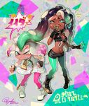 2girls anger_vein angry blush boots breasts cleavage crop_top dark_skin domino_mask dress fingerless_gloves gloves green_legwear headphones marina_(splatoon) mask midriff mole mole_under_mouth multiple_girls navel navel_piercing octarian paint_splatter pearl_(splatoon) piercing pink_legwear shorts sleeveless sleeveless_dress speech_bubble splatoon splatoon_2 sweatdrop tajima_yukie tentacle_hair text translation_request zipper