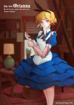  1girl artist_name blonde_hair blue_eyes blush dated glove_in_mouth gloves hairband highres league_of_legends looking_at_viewer mouth_hold orianna_reveck parted_lips saramande short_hair smile solo white_gloves 