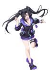  1girl :d adult_neptune adult_neptune_(cosplay) black_hair bracelet breasts cleavage cosplay d-pad female hair_ornament high_school_dxd hood hoodie jewelry neptune_(series) official_art open_mouth pink_eyes serafall_leviathan shoes smile solo twintails 