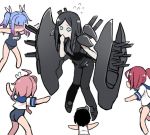  5girls armor bangs black_hair blue_hair cannon clothes_writing commentary_request flying_sweatdrops goggles goggles_on_head hair_ornament hair_ribbon headgear i-168_(kantai_collection) i-19_(kantai_collection) i-58_(kantai_collection) kantai_collection long_hair machinery maru-yu_(kantai_collection) multiple_girls pale_skin parted_bangs pink_hair ponytail redhead ribbon rigging ru-class_battleship sailor_collar school_swimsuit school_uniform serafuku shinkaisei-kan short_sleeves simple_background sleeveless swimsuit swimsuit_under_clothes terajin tri_tails weapon white_background white_ribbon white_swimsuit 