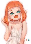  1girl adjusting_hair bangs blunt_bangs breasts domino_mask dress fangs green_eyes highres inkling looking_at_viewer mask mimimi_(echonolog) open_mouth orange_hair pointy_ears short_hair simple_background small_breasts smile solo spaghetti_strap splatoon splatoon_2 standing sundress tentacle_hair upper_body white_background white_dress 