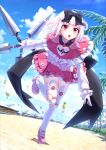  1girl :o albino clouds day flower_knight_girl frilled_skirt frills full_body gloves highres holding holding_weapon mizunashi_(second_run) nichinichisou_(flower_knight_girl) palm_tree pink_shoes red_eyes red_skirt running shoes short_hair shuriken skirt sky solo standing standing_on_one_leg thigh-highs tree weapon white_hair white_legwear 
