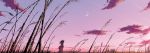  1girl bag black_hair breath city clouds coat crescent_moon grass highres joze medium_hair moon original profile scenery sky skyline solo star_(sky) starry_sky sunrise wheat wheat_field wind 