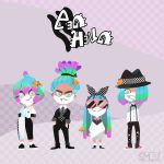  2boys 2girls absurdres artist_name blue_sclera boater_hat bow bowtie checkered checkered_background clownfish facial_hair full_body goatee gradient_hair green_eyes hair_over_one_eye hands_in_pockets highres lineup logo looking_at_viewer multicolored_hair multiple_boys multiple_girls original purple_background sami_briggs sea_anemone splatoon sunglasses sweater 