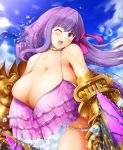  1girl bare_shoulders belt_collar bikini blush bol_(liliymimi) bow breasts cleavage fate/extra fate/extra_ccc fate_(series) gigantic_breasts hair_ornament hair_ribbon highres long_hair looking_at_viewer one_eye_closed open_mouth passion_lip pink_bow purple_hair smile solo swimsuit violet_eyes white_bikini 