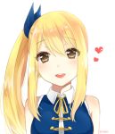  1girl bare_shoulders blonde_hair blush brown_eyes eileen_(artist) eyebrows_visible_through_hair fairy_tail heart long_hair looking_at_viewer lucy_heartfilia parted_lips side_ponytail sleeveless smile solo teeth upper_body 