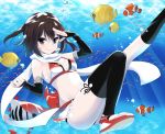  1girl adapted_costume black_legwear brown_eyes brown_hair elbow_gloves fingerless_gloves fish gloves ica jewelry kantai_collection kneehighs remodel_(kantai_collection) ring scarf sendai_(kantai_collection) short_hair single_kneehigh single_thighhigh smile solo thigh-highs two_side_up underwater wedding_band white_scarf 