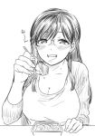  1girl :d bangs blush breasts cardigan cleavage commentary_request dot_nose fingernails food glasses greyscale hand_on_table holding holding_spoon large_breasts long_hair monochrome nikaidou_kou open_cardigan open_clothes open_mouth original pov_feeding shirt simple_background sitting sketch smile solo white_background 