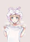  1girl bangs blonde_hair blush collarbone embarrassed eyebrows_visible_through_hair green_eyes grey_background holding holding_shirt open_mouth original rimo_(cotton_leaf) shirt short_sleeves simple_background solo t-shirt towel towel_on_head upper_body white_shirt 