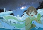  1girl 5f blush brown_hair eyebrows_visible_through_hair green_eyes looking_away mittens night night_sky open_mouth original scarf sky smile snow star_(sky) starry_sky white_scarf winter 