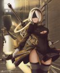  1girl black_legwear breasts cleavage cleavage_cutout closed_mouth facing_viewer hairband highres holding holding_sword holding_weapon large_breasts long_sleeves mole mole_under_mouth nier_(series) nier_automata short_hair smile solo sword thigh-highs weapon white_hair yorha_no._2_type_b zhu_xiao_tian_crazy 