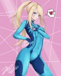  1girl blue_bodysuit bodysuit breast_press breasts covered_navel covering covering_breasts cowboy_shot dated heart high_ponytail looking_at_viewer medium_breasts metroid ponytail samus_aran scarlet_zel signature skin_tight solo spoken_heart zero_suit 