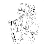  1girl animal_ears artist_request breasts cat_ears cat_tail cleavage detached_sleeves fangs hair_ribbon katana large_breasts long_hair monochrome noihara_himari omamori_himari open_mouth ponytail ribbon solo standing sword tail weapon 