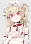  1girl blonde_hair blush bra chains collar cross cross_earrings detached_sleeves earrings fang fingernails flandre_scarlet geppewi hat highres jewelry looking_at_viewer mob_cap nail_polish pointy_ears red_collar red_eyes red_nails sharp_fingernails simple_background solo touhou underwear upper_body white_bra 