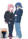  2girls adjusting_eyewear aoyama_yoshino belt black_belt black_jacket black_outline black_pants black_shirt blue_eyes blue_hair blue_jacket blue_shirt bocchi_the_rock! converse denim eyes_visible_through_eyewear eyes_visible_through_hair full_body gotou_hitori hair_ornament hairclip highres jacket jeans jewelry long_hair looking_at_viewer mizuno_saku mole mole_under_eye multiple_girls necklace open_clothes open_jacket outline pants pants_rolled_up parted_lips pendant photo-referenced photo_inset pink_hair real_life red_footwear reference_inset ring ring_necklace shirt shoes short_hair simple_background sneakers sunglasses voice_actor white_background white_belt white_footwear yamada_ryou yamamura_saki yellow_eyes 