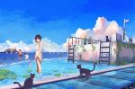  1boy 2girls animal bird black_hair blue_eyes blush bucket cat closed_mouth clouds fishing_net hanasei highres holding_bucket ladder lighthouse lily_pad looking_at_viewer looking_away moss multiple_girls original plant potted_plant seagull short_hair smile wading 