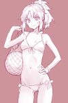  1girl bangs bikini blush breasts closed_mouth collarbone cowboy_shot fate/apocrypha fate_(series) food fruit half_updo hand_on_hip hand_up holding looking_at_viewer melon monochrome navel parted_bangs ponytail rimo_(cotton_leaf) saber_of_red side-tie_bikini sidelocks small_breasts smile solo swimsuit 