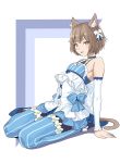  1boy :3 :d animal_ears arm_support armpits arms_behind_back bangs bare_shoulders black_legwear blue_choker blue_dress blue_legwear blue_ribbon blue_shoes blush bob_cut bolo_tie bow bow_dress brown_hair cat_ears cat_tail choker collarbone commentary_request cross-laced_clothes detached_sleeves dress dress_bow eyelashes felix_argyle frilled_dress frilled_legwear frills front-tie_top full_body hair_bow hair_ribbon half-closed_eyes highres jewelry large_bow layered_dress leaning_back looking_at_viewer male_focus momosuke_(ishakry) open_mouth otoko_no_ko outside_border pantyhose parted_bangs pendant re:zero_kara_hajimeru_isekai_seikatsu ribbon shoes short_dress short_eyebrows short_hair simple_background sitting smile solo spaghetti_strap striped striped_legwear striped_ribbon tail thick_eyebrows thigh-highs thighhighs_over_pantyhose toeless_legwear vertical-striped_dress vertical-striped_legwear vertical_stripes white_background white_bow white_dress yellow_eyes 
