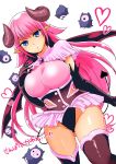  1girl :o black_leotard blue_eyes breasts commentary_request corset cowboy_shot demon_girl demon_horns demon_tail demon_wings frills hand_on_own_chest heart highres horns large_breasts leotard long_hair looking_at_viewer nikaidou_kou original pink_hair pointy_ears simple_background solo standing tail thigh-highs translation_request white_background wings 