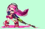  1girl aqua_background artist_name bangs blazer blue_jacket brown_sweater cross-laced_footwear domino_mask dress_shirt full_body gun headphones hero_charger_(splatoon) holding holding_gun holding_weapon inkling jacket long_hair looking_to_the_side mask miniskirt necktie one_eye_closed open_blazer open_clothes open_jacket paint_splatter pani_spla parted_lips pink_eyes pink_hair plaid plaid_necktie plaid_skirt pleated_skirt purple_necktie purple_skirt red_shoes school_uniform shirt shoes signature simple_background skirt sneakers solo splatoon standing tentacle_hair v-neck weapon white_shirt 